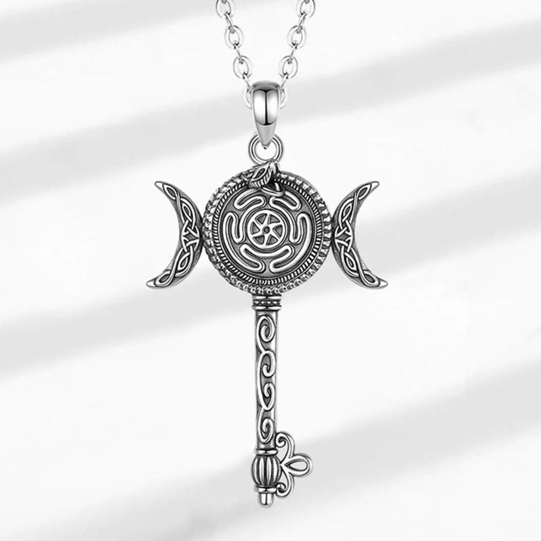 925 Sterling Silver Hecate Wheel Necklace Key Snake Triple Moon Goddess Pendant Pagan Witch Jewelry-MoonChildWorld