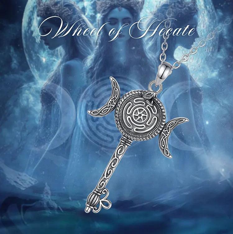 925 Sterling Silver Hecate Wheel Necklace Key Snake Triple Moon Goddess Pendant Pagan Witch Jewelry-MoonChildWorld