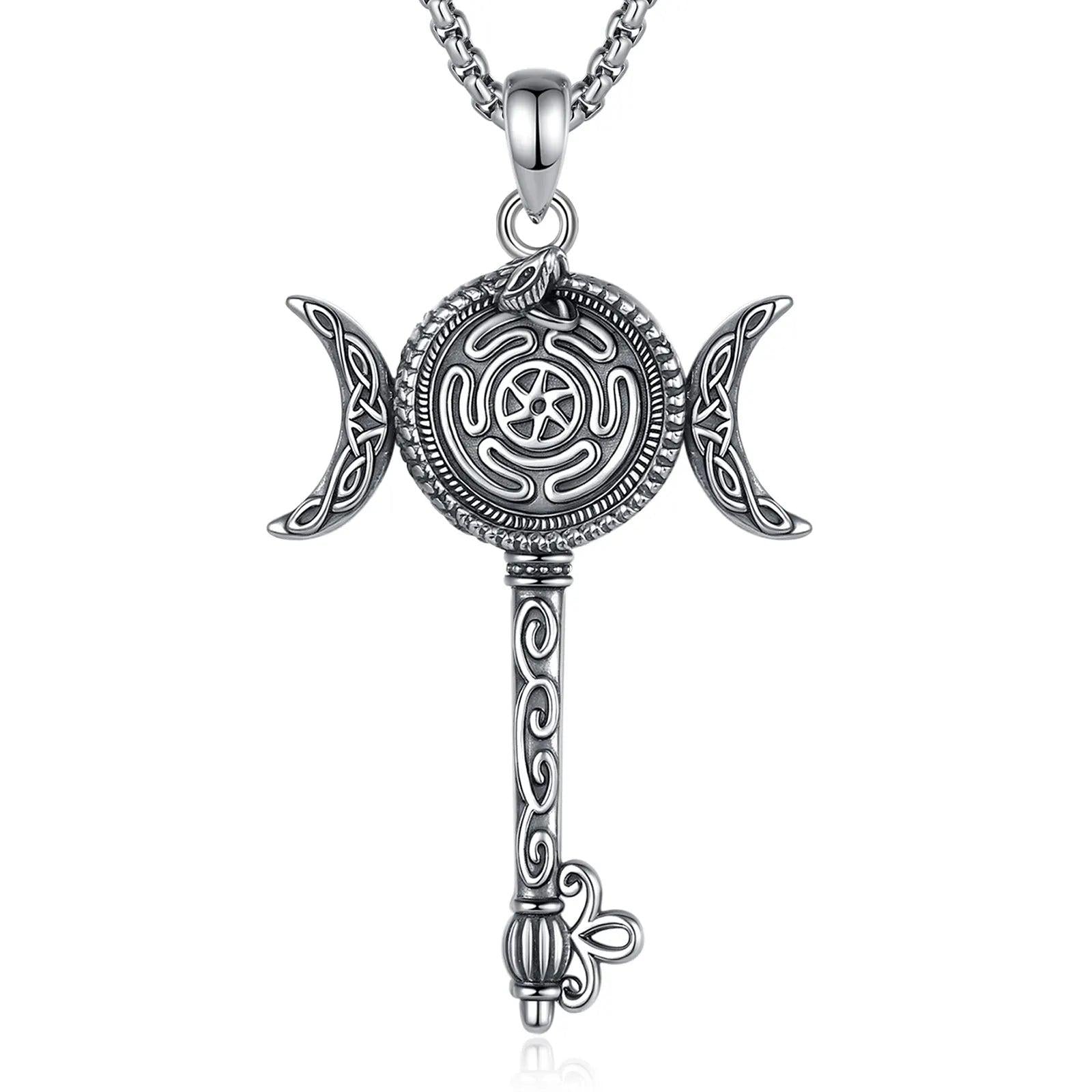 925 Sterling Silver Hecate Wheel Necklace Key Snake Triple Moon Goddess Pendant Pagan Witch Jewelry-MoonChildWorld