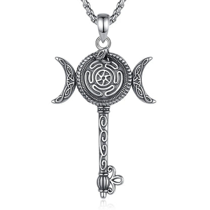 925 Sterling Silver Hecate Wheel Necklace Key Snake Triple Moon Goddess Pendant Pagan Witch Jewelry-MoonChildWorld