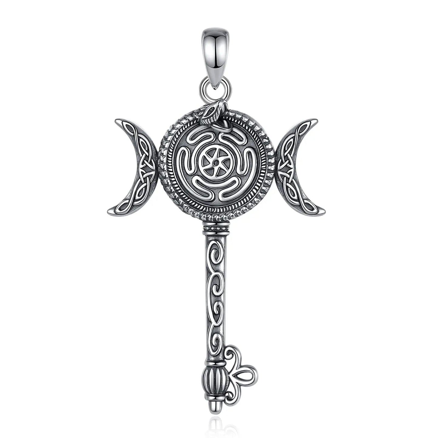 925 Sterling Silver Hecate Wheel Necklace Key Snake Triple Moon Goddess Pendant Pagan Witch Jewelry-MoonChildWorld