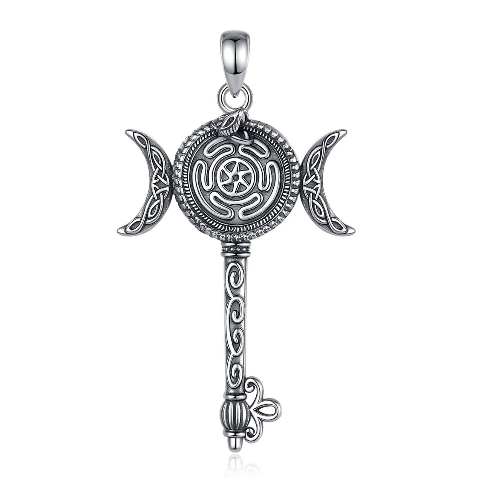 925 Sterling Silver Hecate Wheel Necklace Key Snake Triple Moon Goddess Pendant Pagan Witch Jewelry-MoonChildWorld