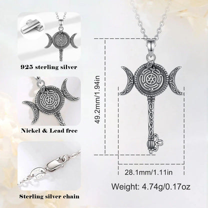 925 Sterling Silver Hecate Wheel Necklace Key Snake Triple Moon Goddess Pendant Pagan Witch Jewelry-MoonChildWorld