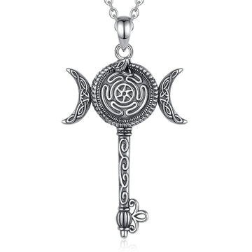 925 Sterling Silver Hecate Wheel Necklace Key Snake Triple Moon Goddess Pendant Pagan Witch Jewelry-MoonChildWorld