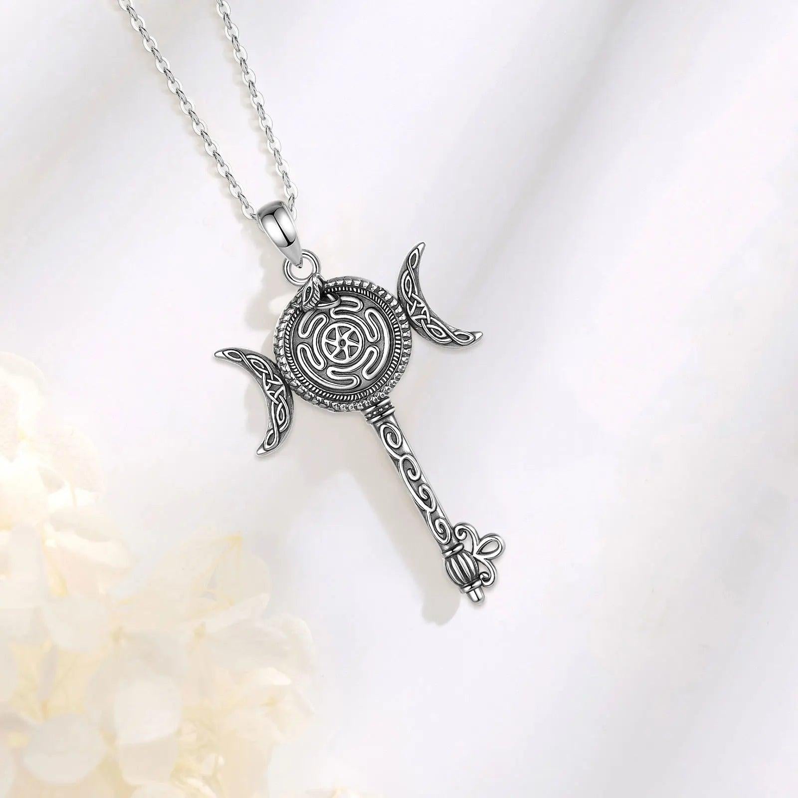 925 Sterling Silver Hecate Wheel Necklace Key Snake Triple MoonPendant Pagan Witch Jewelry-MoonChildWorld