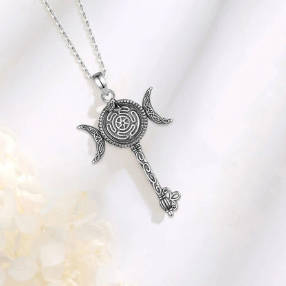 925 Sterling Silver Hecate Wheel Necklace Key Snake Triple MoonPendant Pagan Witch Jewelry-MoonChildWorld