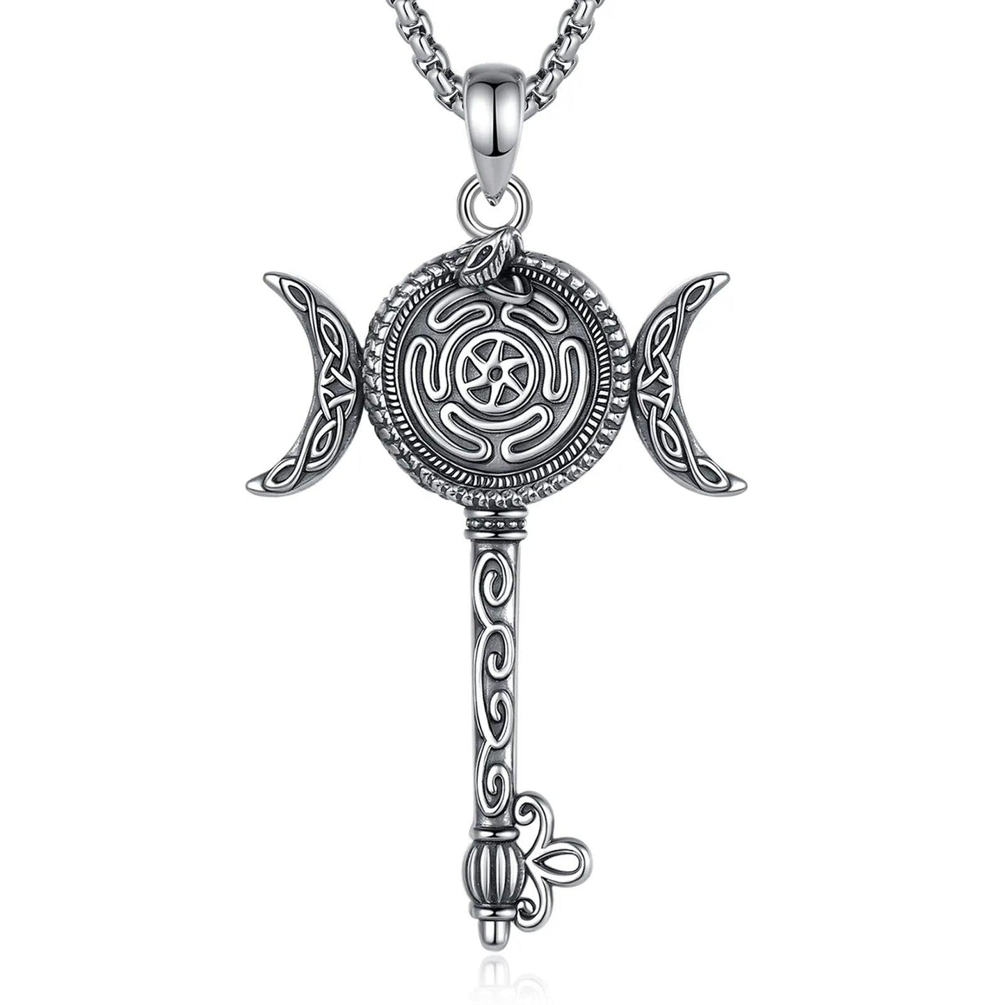 925 Sterling Silver Hecate Wheel Necklace Key Snake Triple MoonPendant Pagan Witch Jewelry-MoonChildWorld