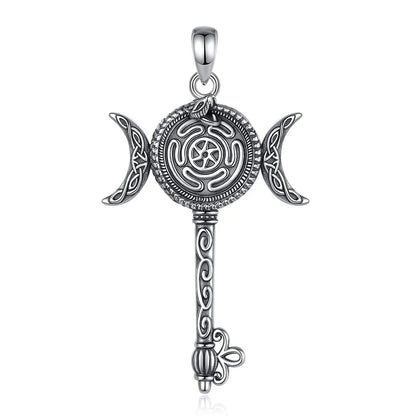 925 Sterling Silver Hecate Wheel Necklace Key Snake Triple MoonPendant Pagan Witch Jewelry-MoonChildWorld