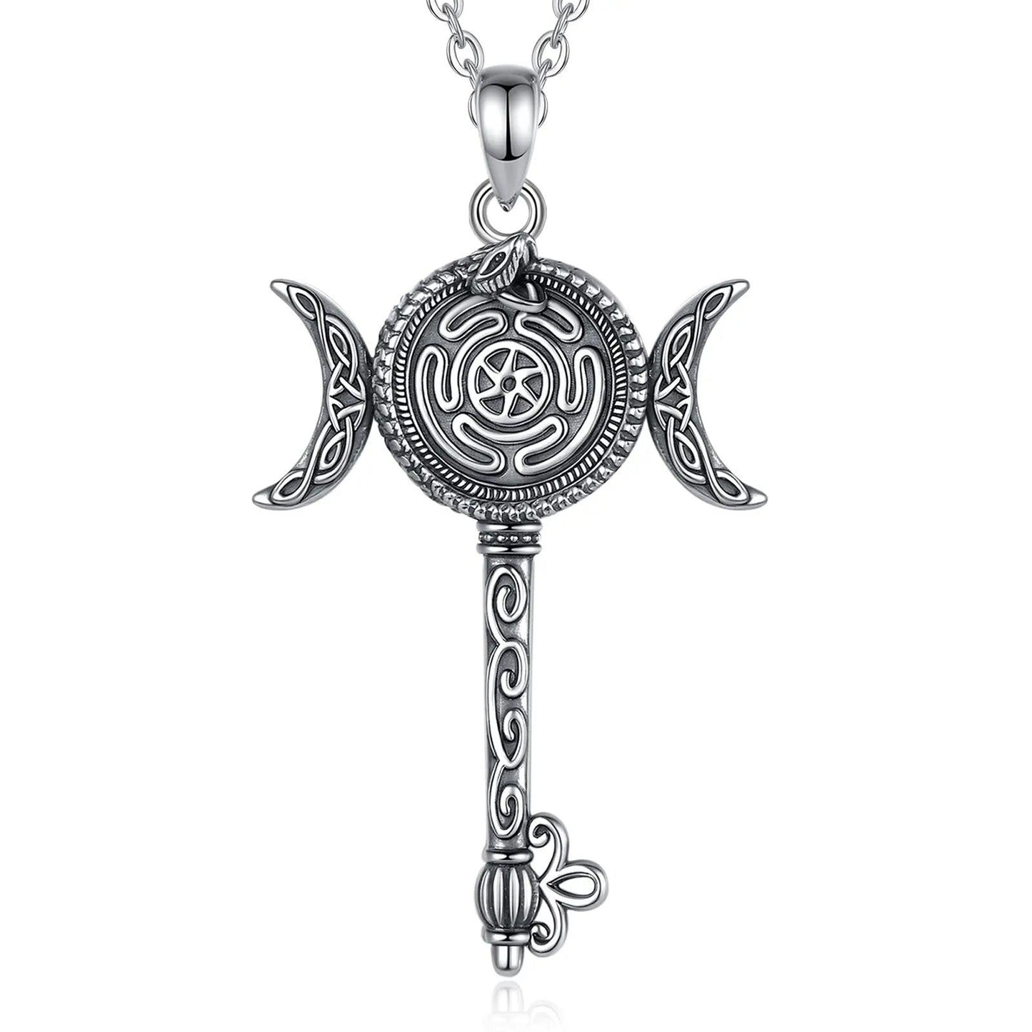 Sterling silver Hecate Wheel key necklace with snake and triple moon design.