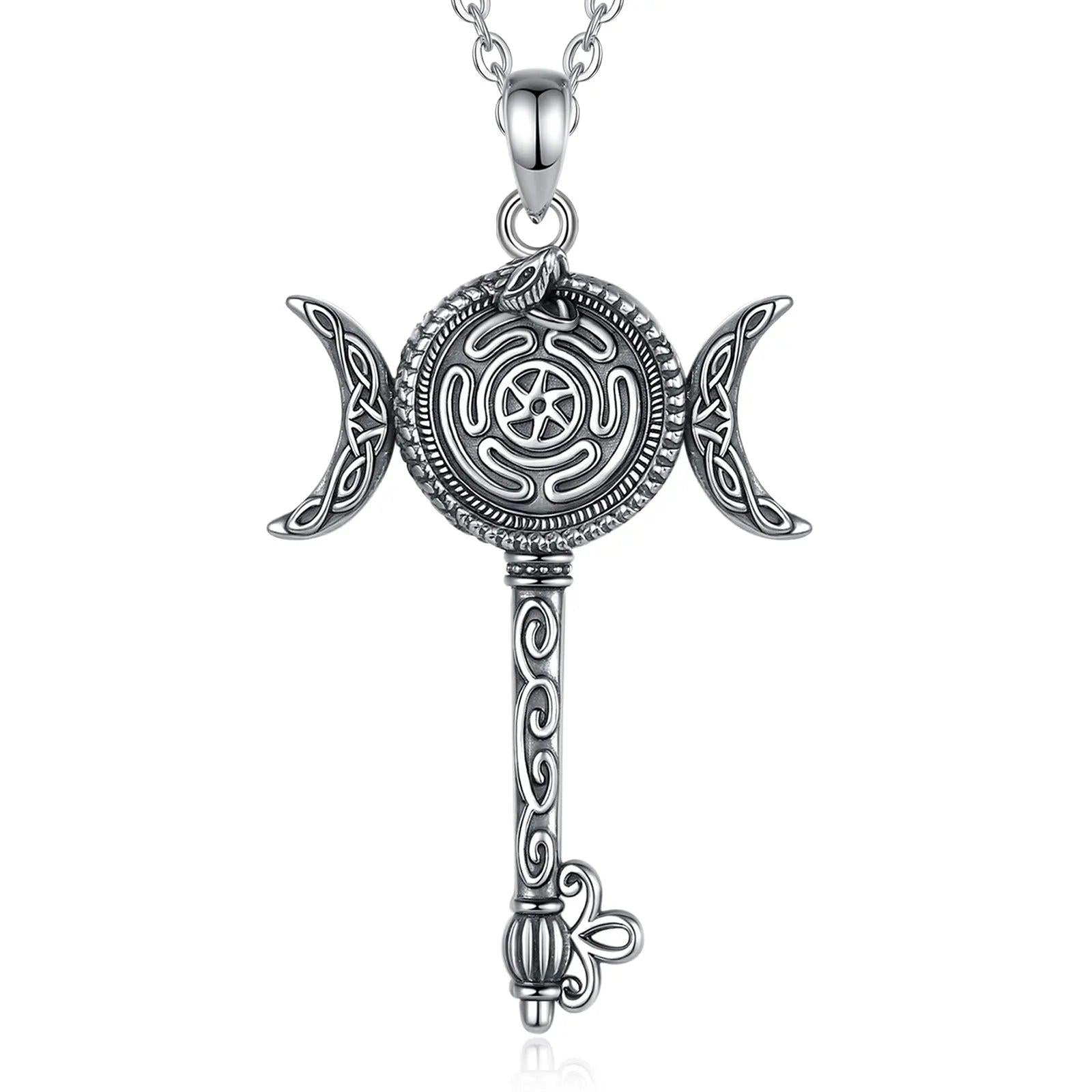 Sterling silver Hecate Wheel key necklace with snake and triple moon design.