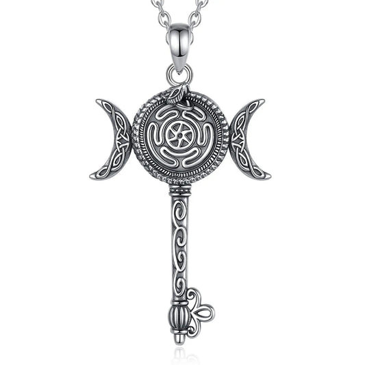 Sterling silver Hecate Wheel key necklace with snake and triple moon design.