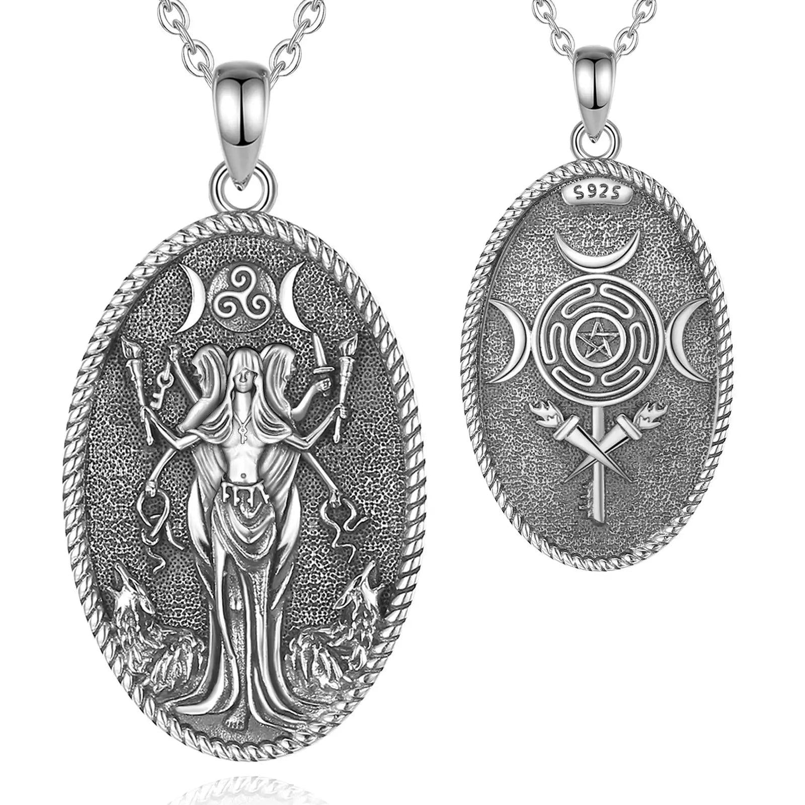 Sterling silver oval Hecate pendant with goddess figure and Triple Moon/Hecate Wheel design.
