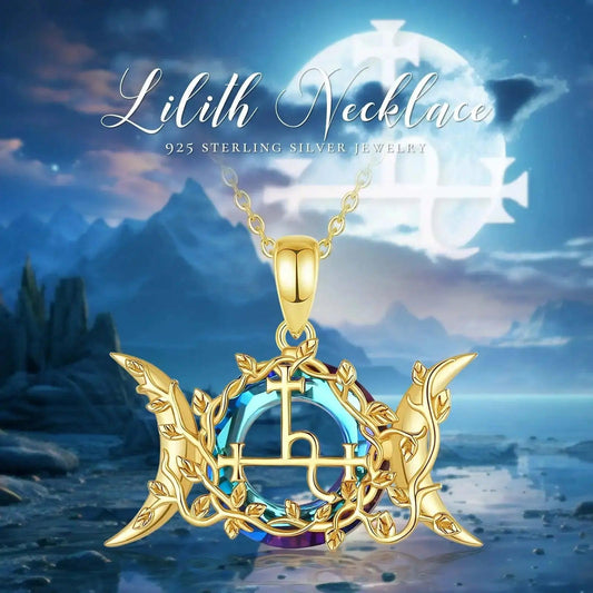 925 Sterling Silver Lilith Sigil Necklace 18K Gold Triple Moon Necklace Wicca Jewelry-MoonChildWorld