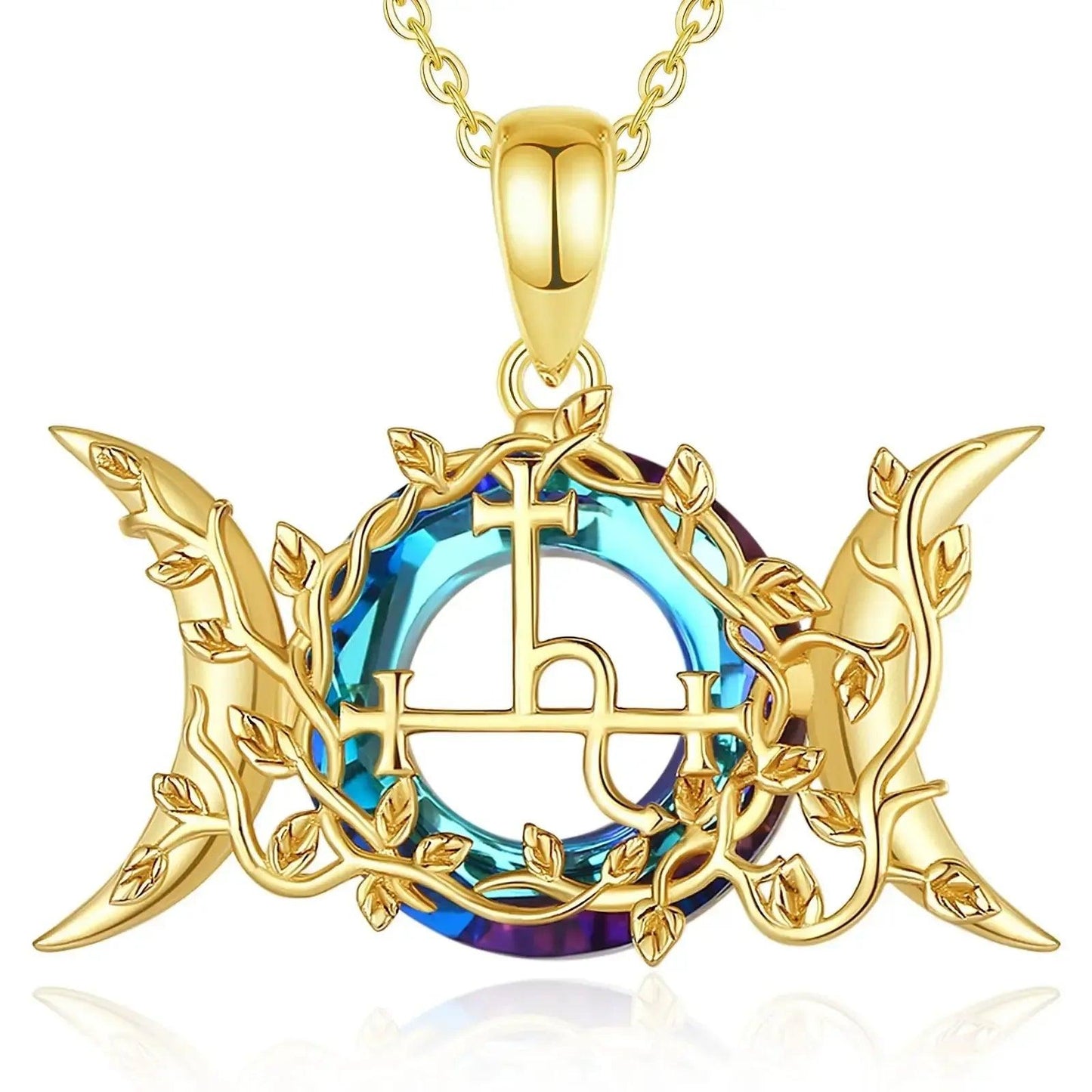 Gold Triple Moon Goddess necklace with a blue-purple crystal center and leafy vine details.