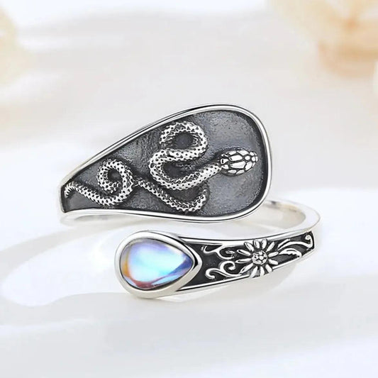 925 Sterling Silver Moonstone Gothic Snake Adjustable Ring Witch Jewelry-MoonChildWorld