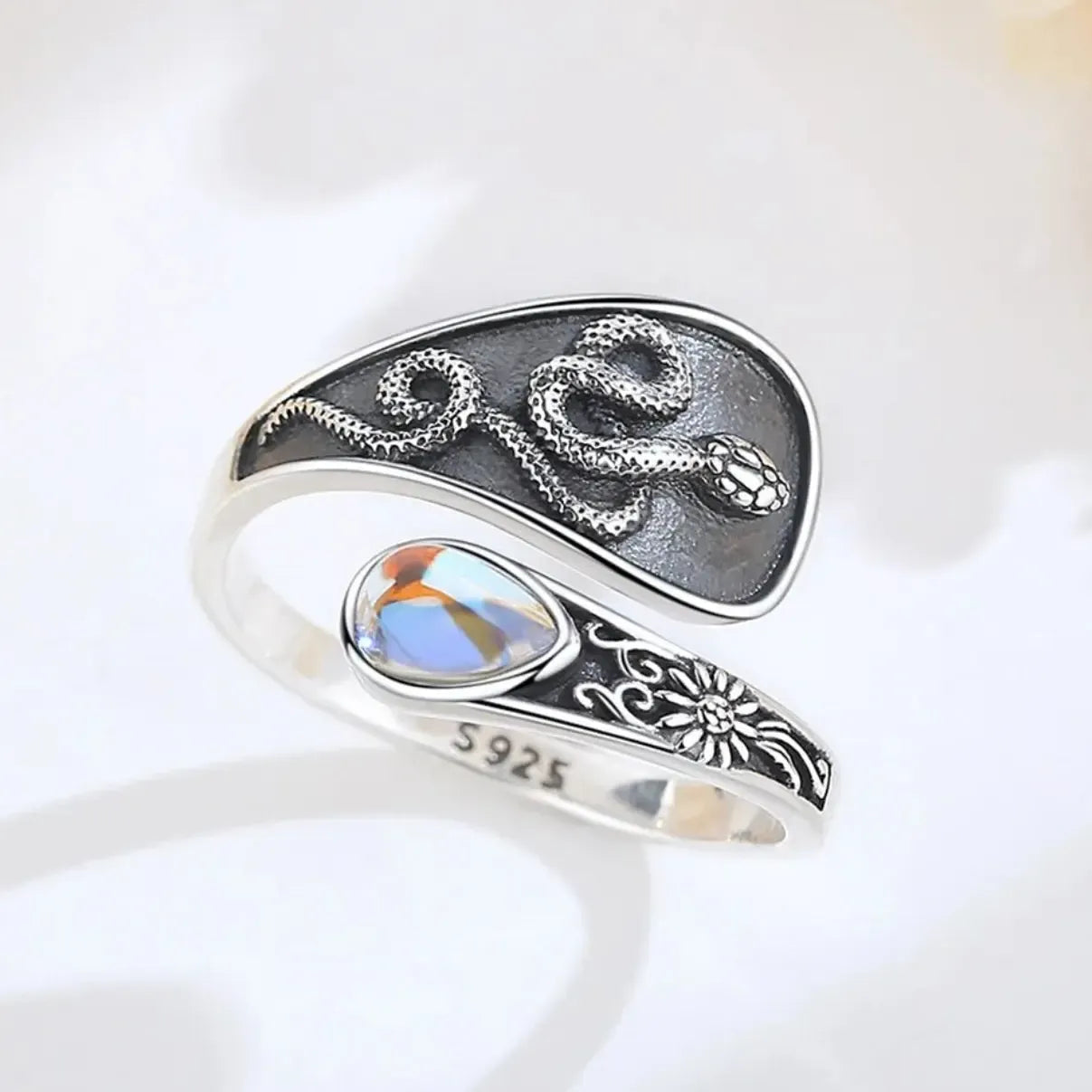 925 Sterling Silver Moonstone Gothic Snake Adjustable Ring Witch Jewelry-MoonChildWorld
