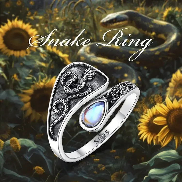 925 Sterling Silver Moonstone Gothic Snake Adjustable Ring Witch Jewelry-MoonChildWorld