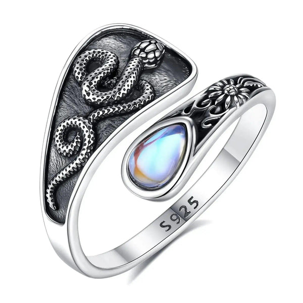 925 Sterling Silver Moonstone Gothic Snake Adjustable Ring Witch Jewelry-MoonChildWorld