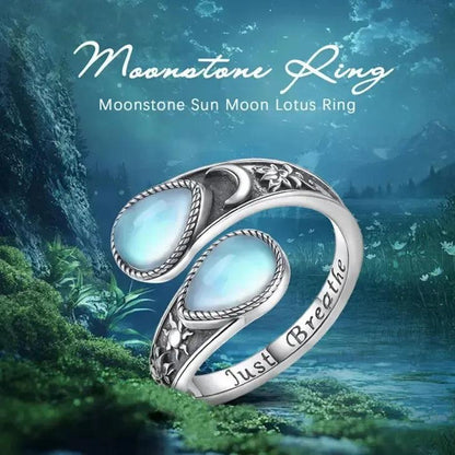 925 Sterling Silver Moonstone Sun Moon Pagan Ring Just Breathe Wicca Healing Jewelry-MoonChildWorld