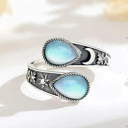925 Sterling Silver Moonstone Sun Moon Pagan Ring Just Breathe Wicca Healing Jewelry-MoonChildWorld