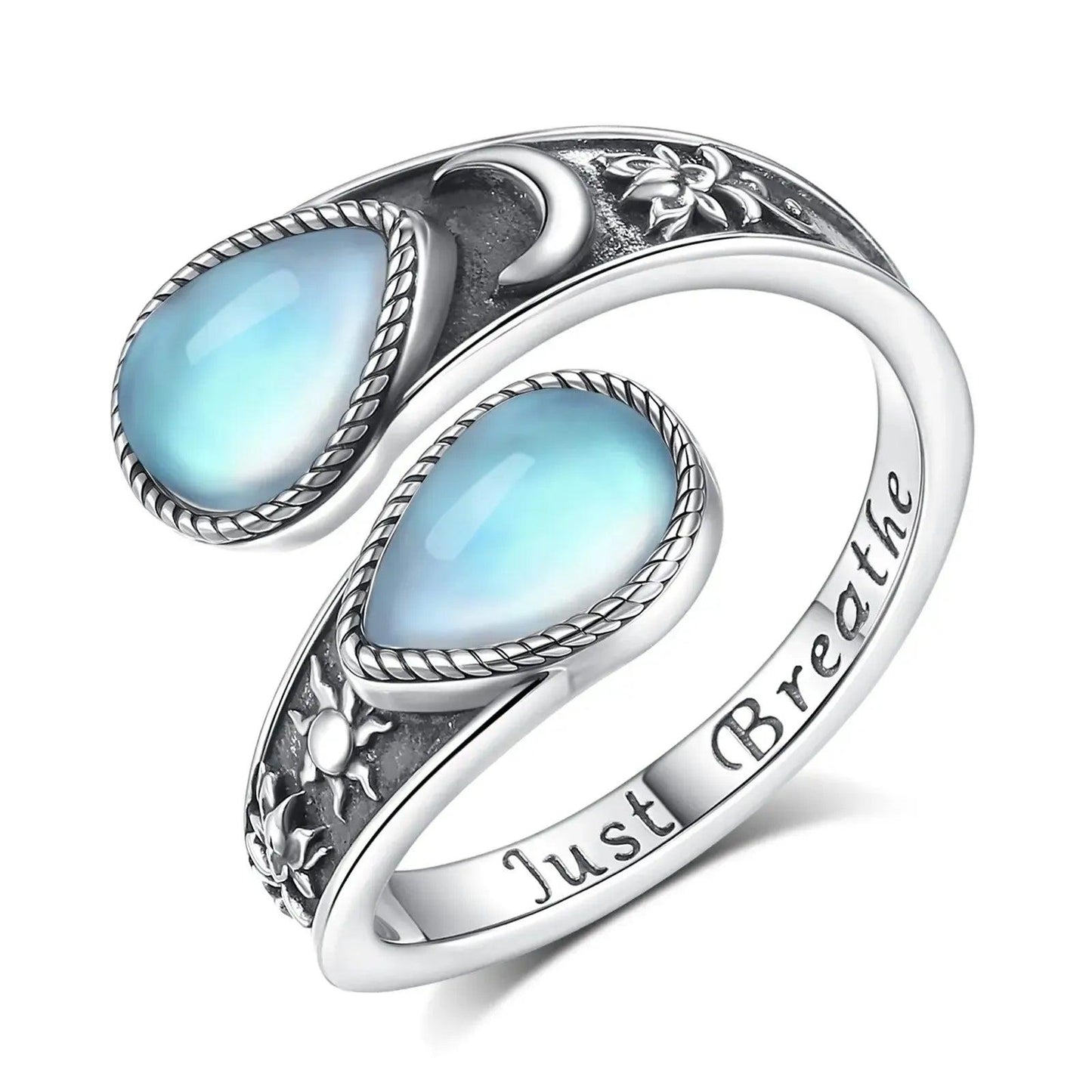 925 Sterling Silver Moonstone Sun Moon Pagan Ring Just Breathe Wicca Healing Jewelry-MoonChildWorld