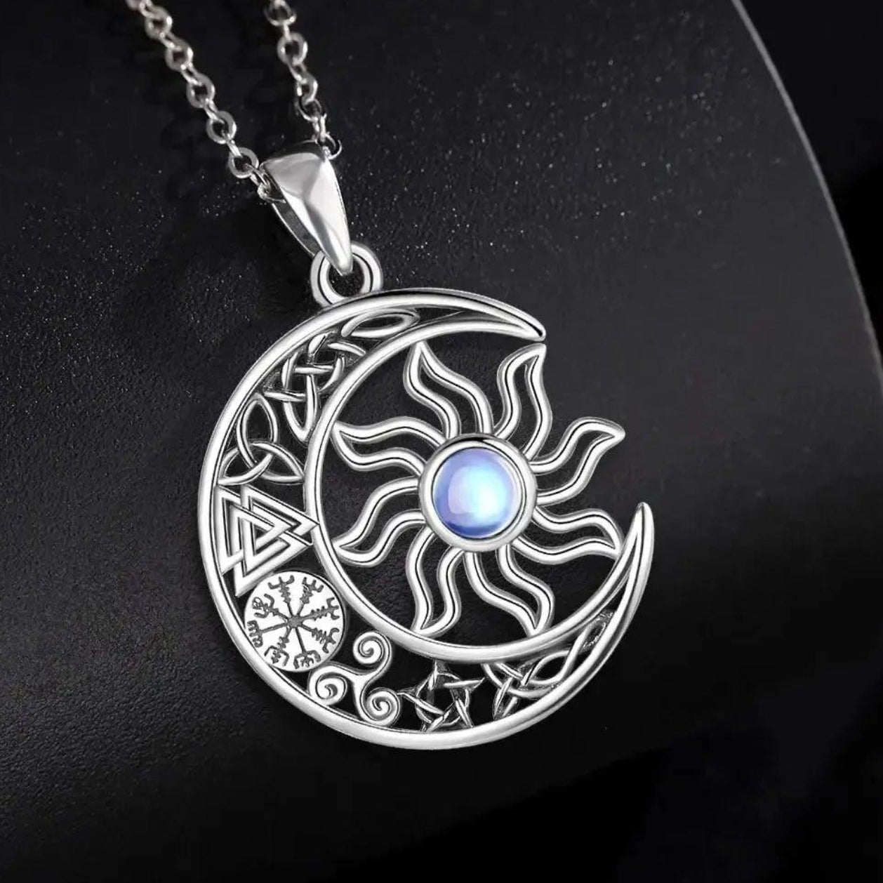 925 Sterling Silver Moonstone Viking Sun and Moon Necklace with Pagan Celtic Knot Symbols Wiccan Jewelry-MoonChildWorld