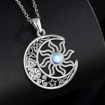 925 Sterling Silver Moonstone Viking Sun and Moon Necklace with Pagan Celtic Knot Symbols Wiccan Jewelry-MoonChildWorld
