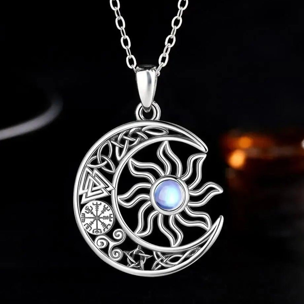 925 Sterling Silver Moonstone Viking Sun and Moon Necklace with Pagan Celtic Knot Symbols Wiccan Jewelry-MoonChildWorld