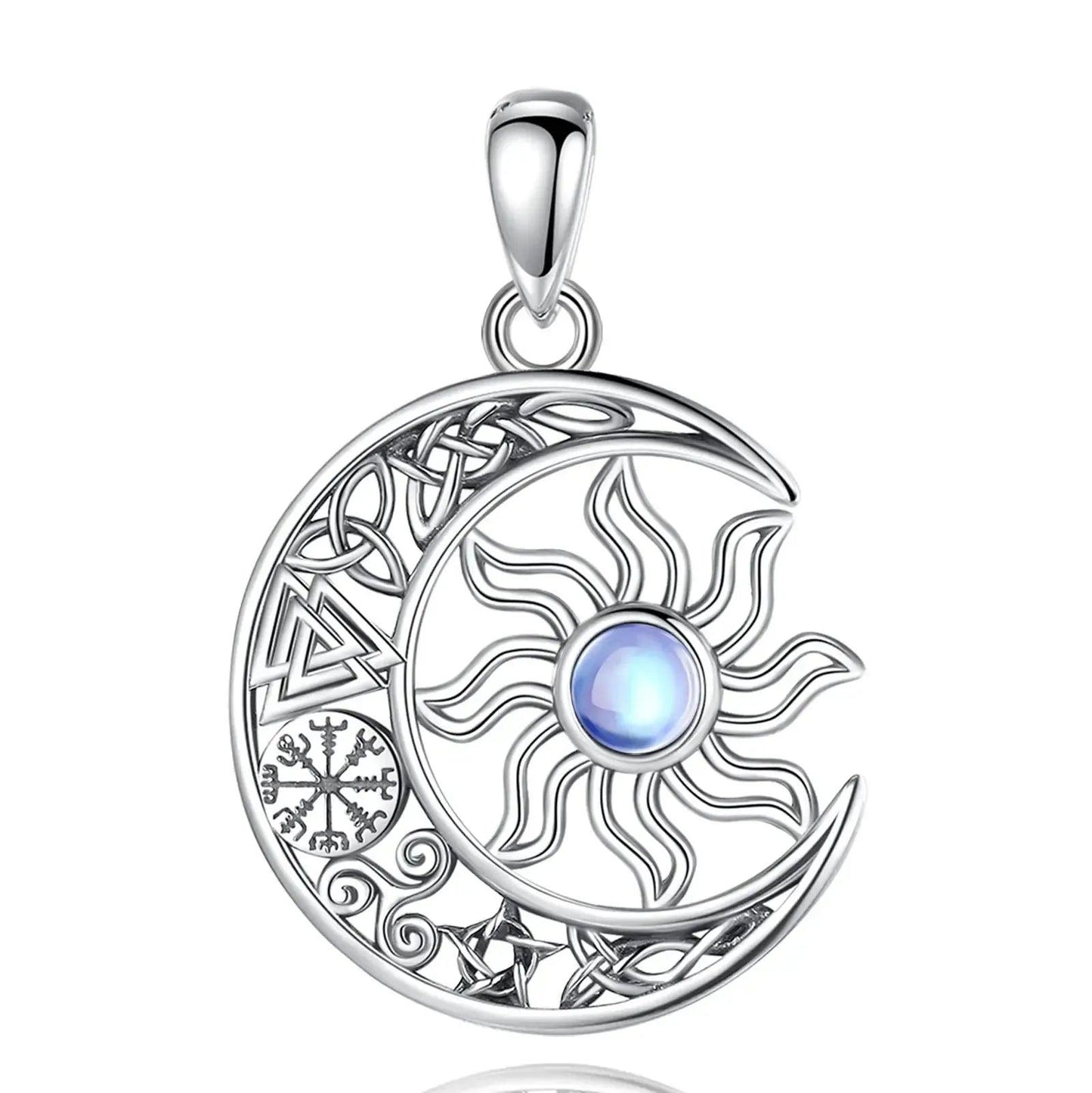 925 Sterling Silver Moonstone Viking Sun and Moon Necklace with Pagan Celtic Knot Symbols Wiccan Jewelry-MoonChildWorld
