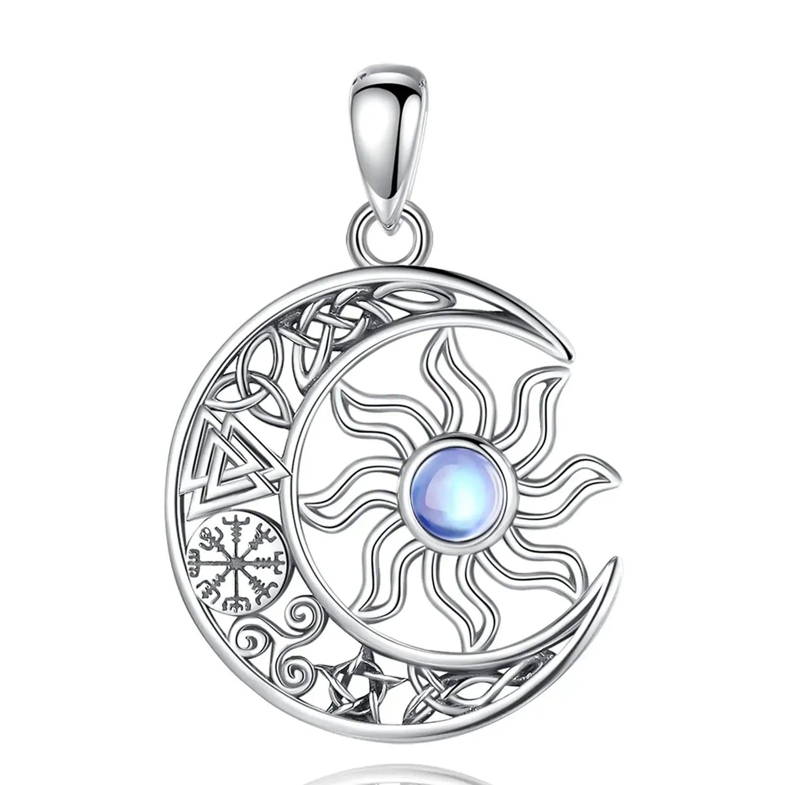 925 Sterling Silver Moonstone Viking Sun and Moon Necklace with Pagan Celtic Knot Symbols Wiccan Jewelry-MoonChildWorld