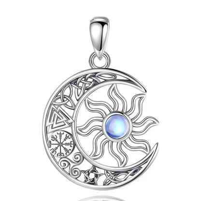 925 Sterling Silver Moonstone Viking Sun and Moon Necklace with Pagan Celtic Knot Symbols Wiccan Jewelry-MoonChildWorld