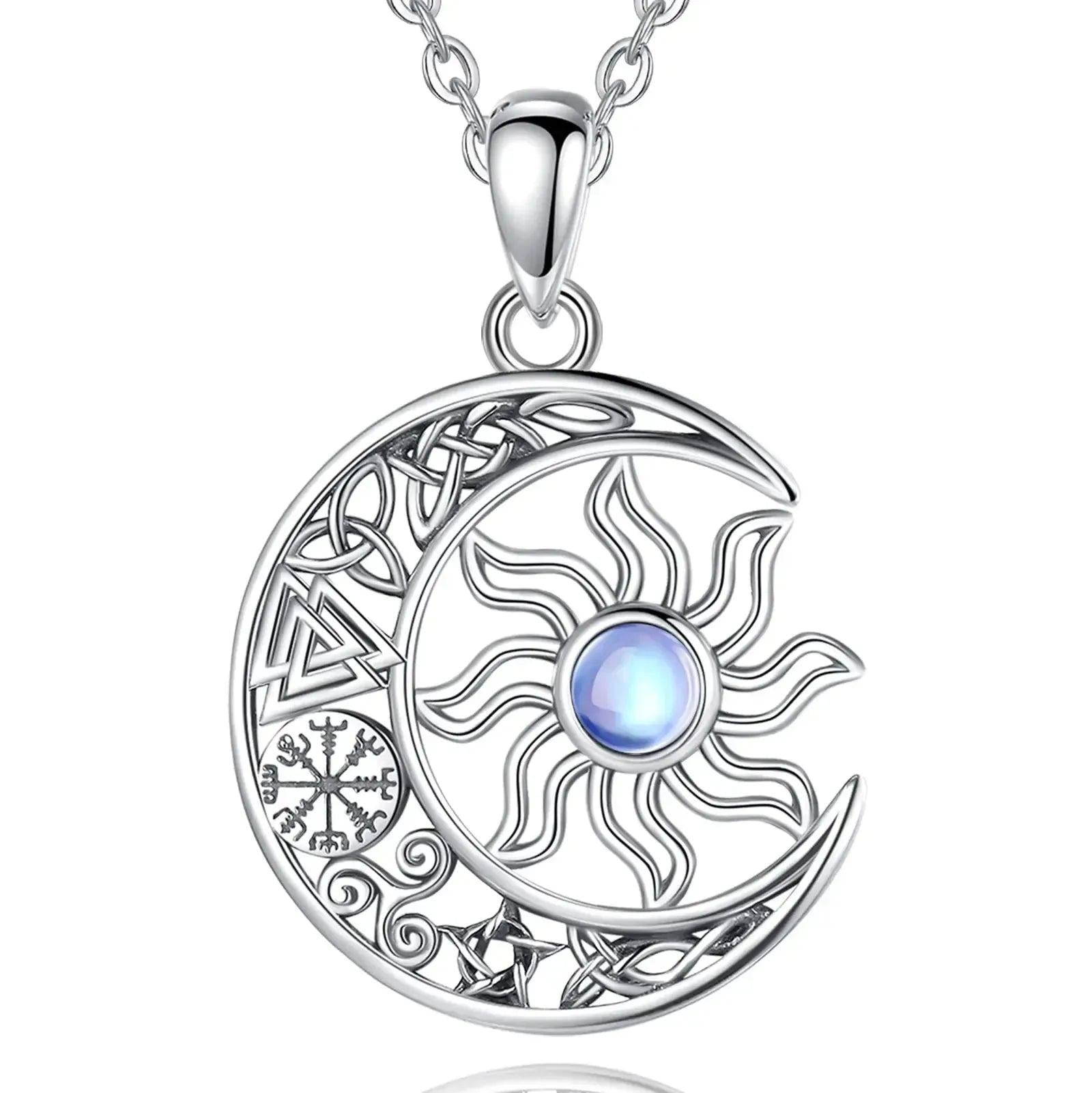 925 Sterling Silver Moonstone Viking Sun and Moon Necklace with Pagan Celtic Knot Symbols Wiccan Jewelry-MoonChildWorld