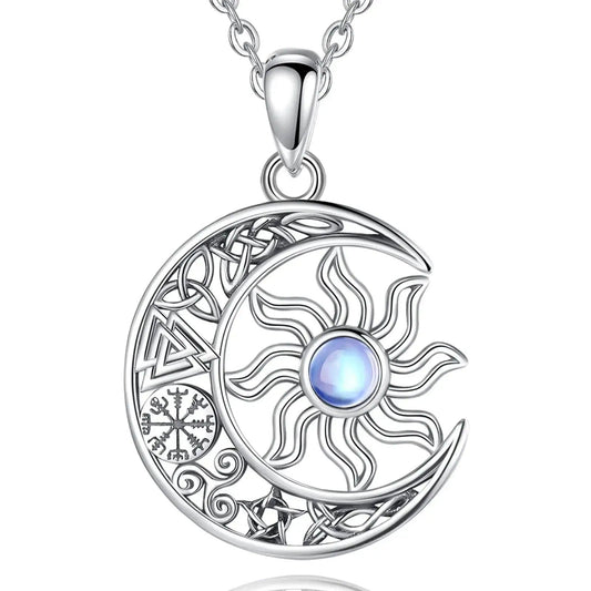 925 Sterling Silver Moonstone Viking Sun and Moon Necklace with Pagan Celtic Knot Symbols Wiccan Jewelry-MoonChildWorld
