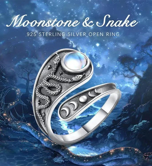 925 Sterling Silver Moonstone Witchy Snake Moon Phases Ring Wicca Pagan Jewelry-MoonChildWorld