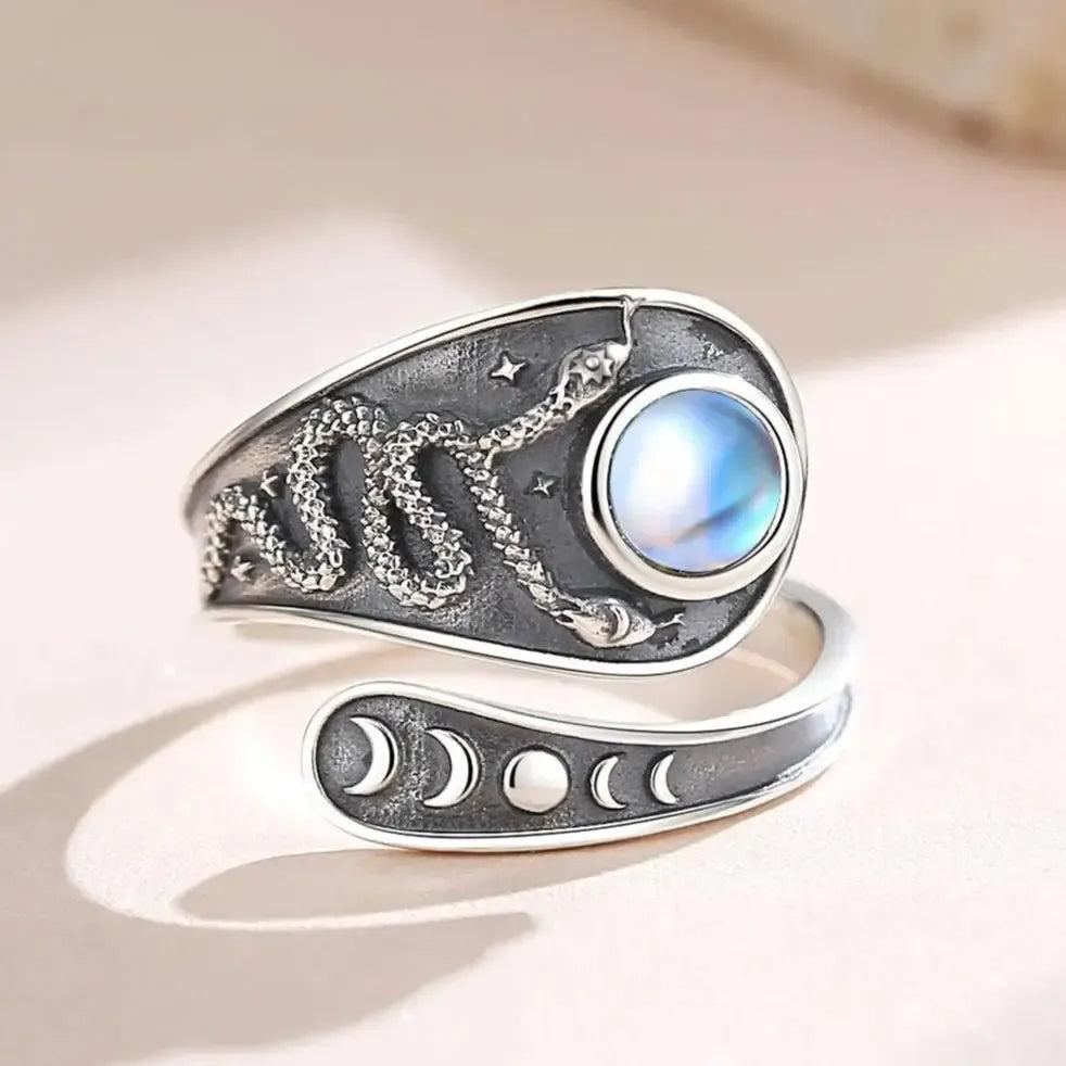 925 Sterling Silver Moonstone Witchy Snake Moon Phases Ring Wicca Pagan Jewelry-MoonChildWorld