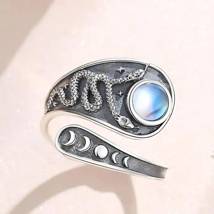 925 Sterling Silver Moonstone Witchy Snake Moon Phases Ring Wicca Pagan Jewelry-MoonChildWorld