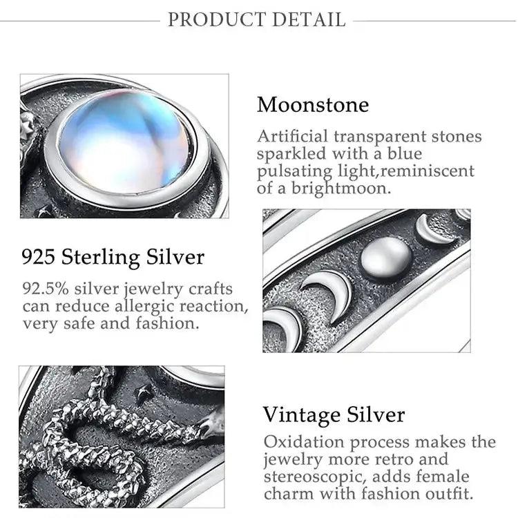 925 Sterling Silver Moonstone Witchy Snake Moon Phases Ring Wicca Pagan Jewelry-MoonChildWorld