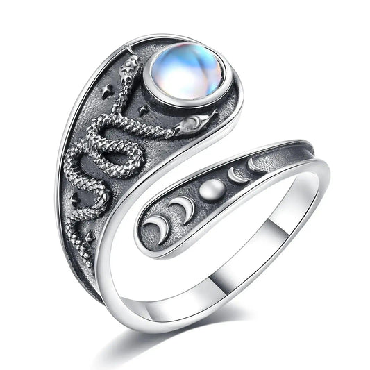 925 Sterling Silver Moonstone Witchy Snake Moon Phases Ring Wicca Pagan Jewelry-MoonChildWorld