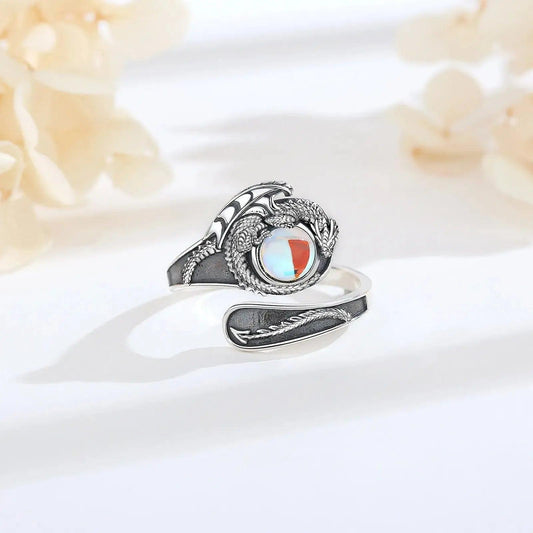 925 Sterling Silver Mystic Dragon Adjustable Moonstone Ring Spiritual Jewelry-MoonChildWorld