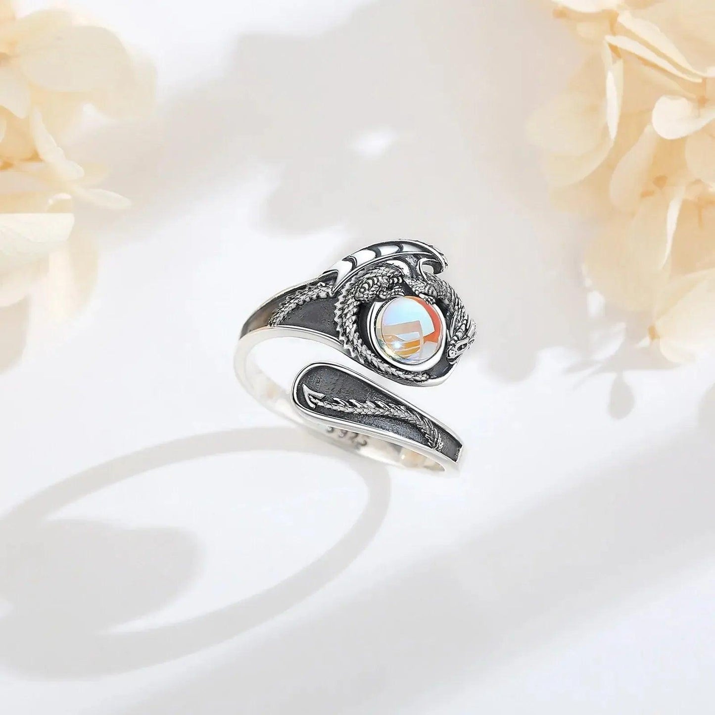 925 Sterling Silver Mystic Dragon Adjustable Moonstone Ring Spiritual Jewelry-MoonChildWorld