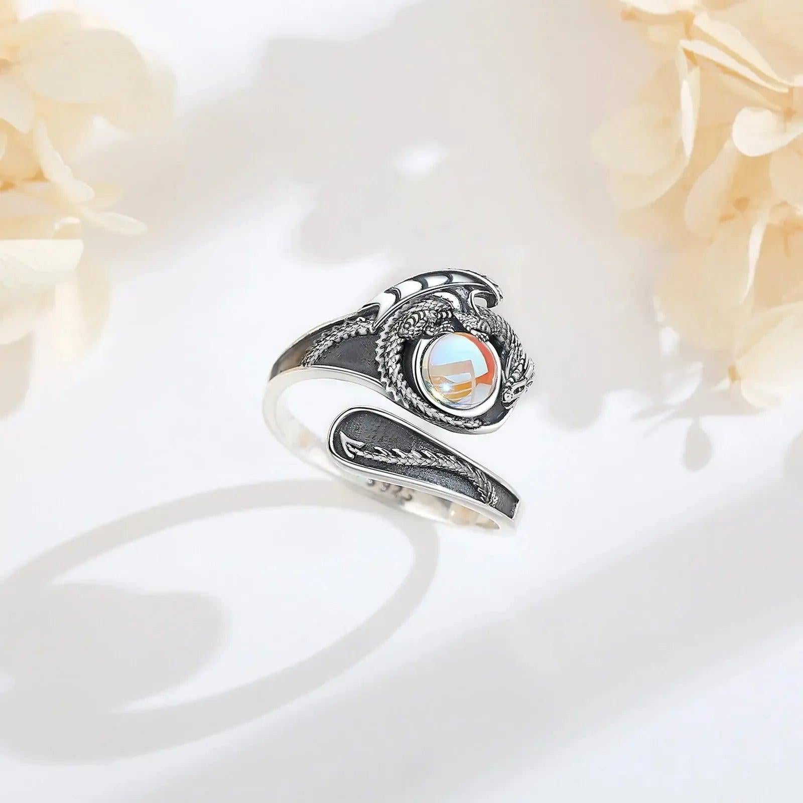 925 Sterling Silver Mystic Dragon Adjustable Moonstone Ring Spiritual Jewelry-MoonChildWorld
