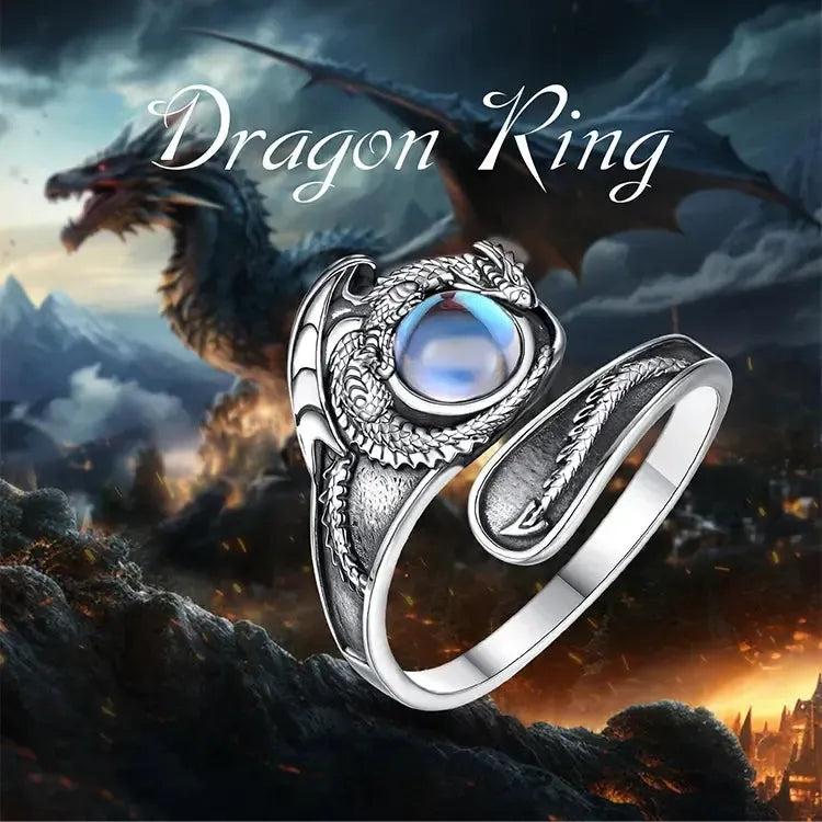 925 Sterling Silver Mystic Dragon Adjustable Moonstone Ring Spiritual Jewelry-MoonChildWorld