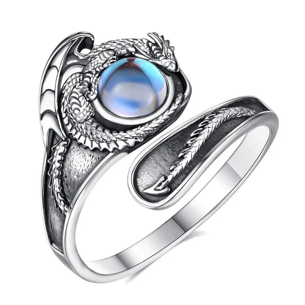 925 Sterling Silver Mystic Dragon Adjustable Moonstone Ring Spiritual Jewelry-MoonChildWorld