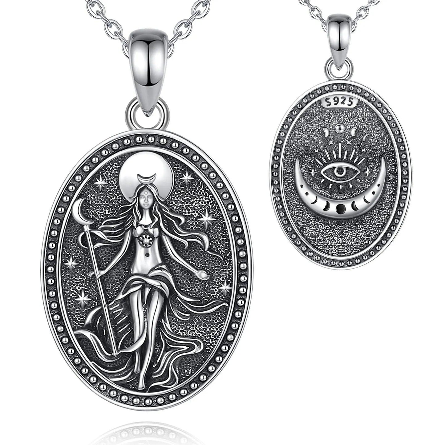925 sterling silver oval Nyx Moon Goddess necklace with celestial details and an all-seeing eye on the back.