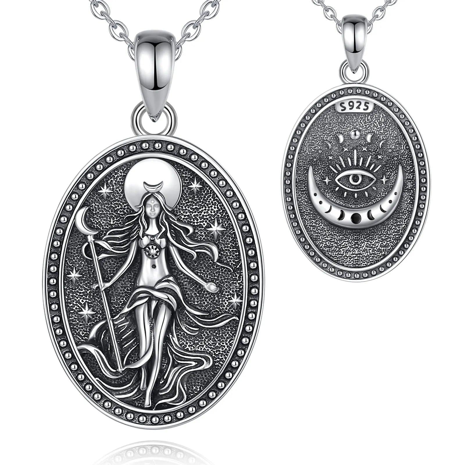 925 sterling silver oval Nyx Moon Goddess necklace with celestial details and an all-seeing eye on the back.