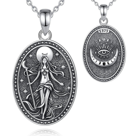 925 sterling silver oval Nyx Moon Goddess necklace with celestial details and an all-seeing eye on the back.