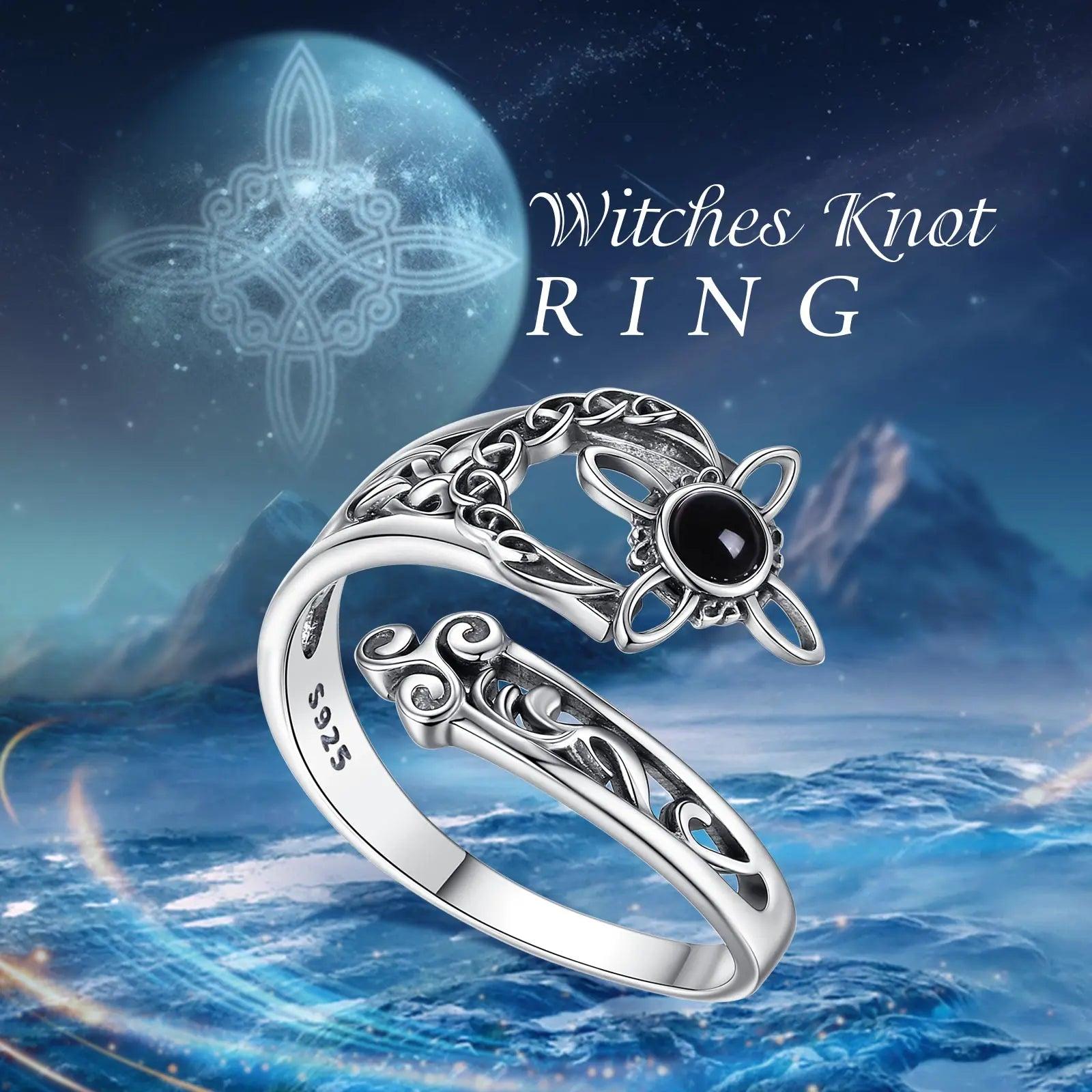 925 Sterling Silver Obsidian Witches Knot Adjustable Ring Moon