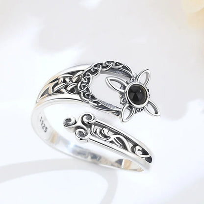 925 Sterling Silver Obsidian Witches Knot Adjustable Ring Moon Celtic Knot Pagan Jewelry-MoonChildWorld