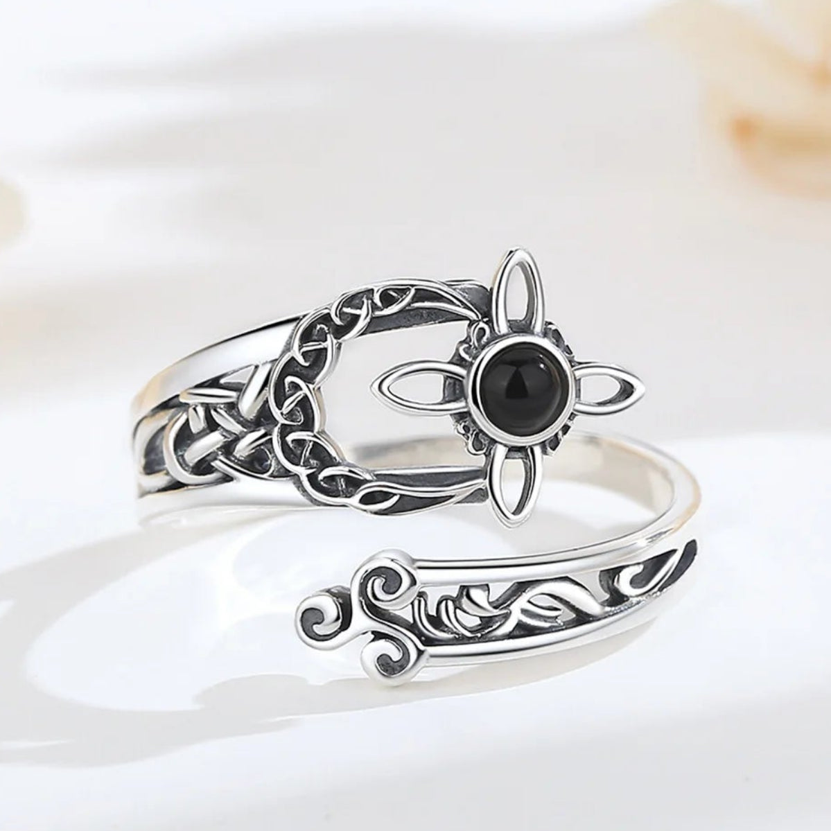 925 Sterling Silver Obsidian Witches Knot Adjustable Ring Moon Celtic Knot Pagan Jewelry-MoonChildWorld