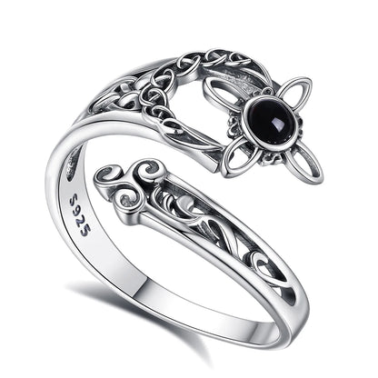 925 Sterling Silver Obsidian Witches Knot Adjustable Ring Moon Celtic Knot Pagan Jewelry-MoonChildWorld